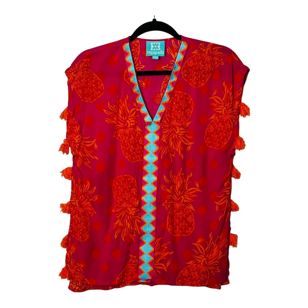 Escapada Womens Small Pink‎ Pineapple Tassel Tunic Top Embroidered V-Neck Rayon